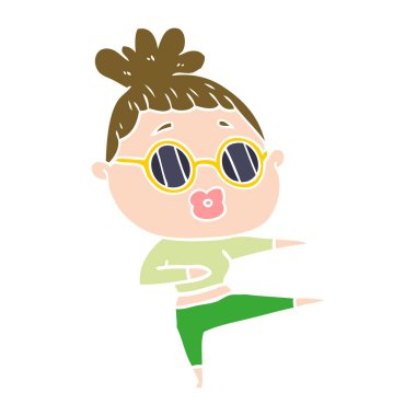 düz renk tarzı çizgi film dans eden kadın güneş gözlüğü takıyor