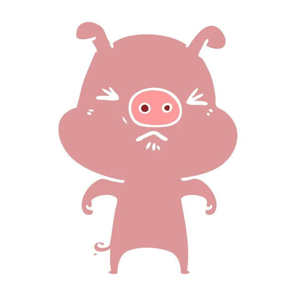 Flat Color Style Cartoon Angry Pig — Stock Vector
