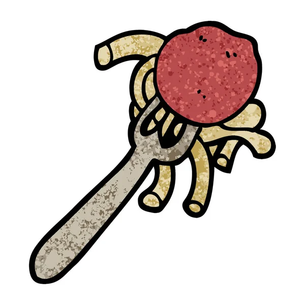 Grunge Texturierte Illustration Cartoon Spaghetti Und Frikadellen Auf Gabel — Stockvektor