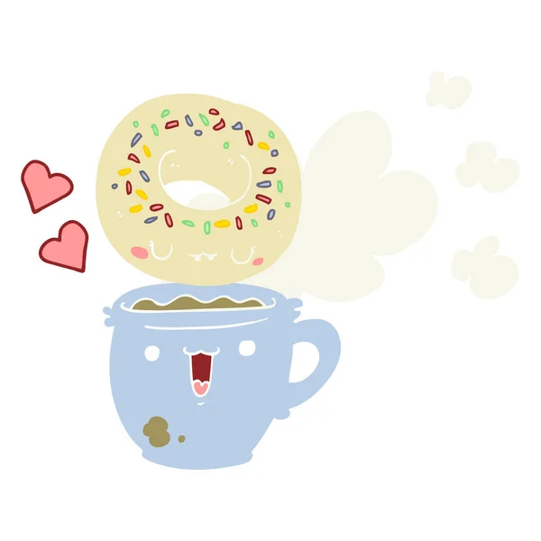 Niedliche Flache Farbe Stil Cartoon Donut Und Kaffee — Stockvektor