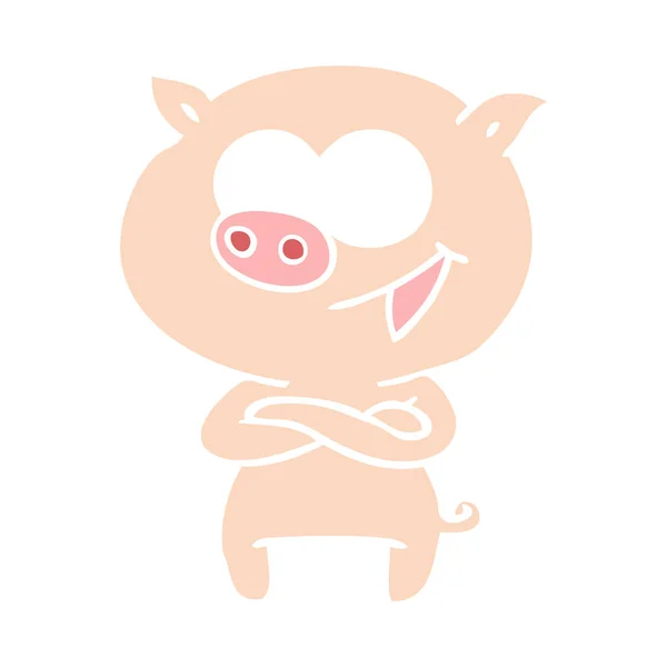 Cheerful Pig Flat Color Style Cartoon — Stock Vector