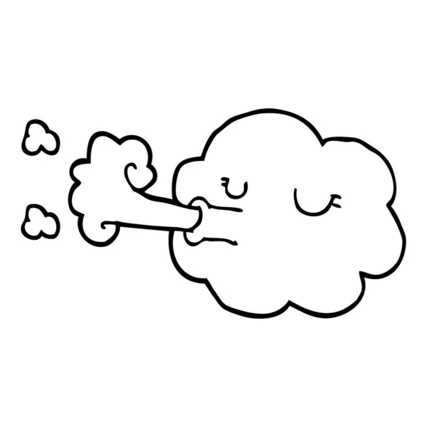 Linha Desenho Cartoon Nuvem Soprando Uma Ventania — Vetor de Stock