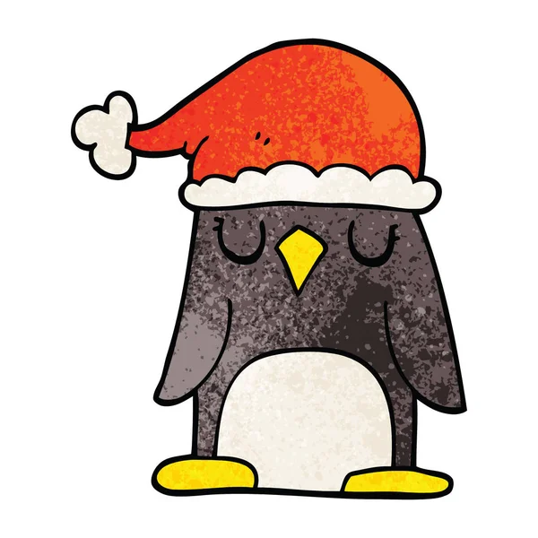 Desenho Animado Doodle Pinguim Vestindo Chapéu Natal — Vetor de Stock