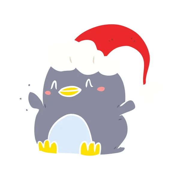 Flat Color Style Cartoon Penguin Wearing Christmas Hat — Stock Vector