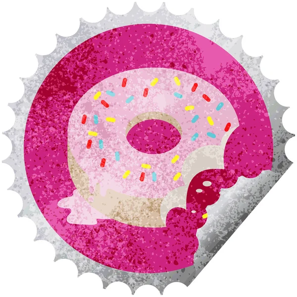 Bitten frosted donut round sticker stamp — Stock Vector