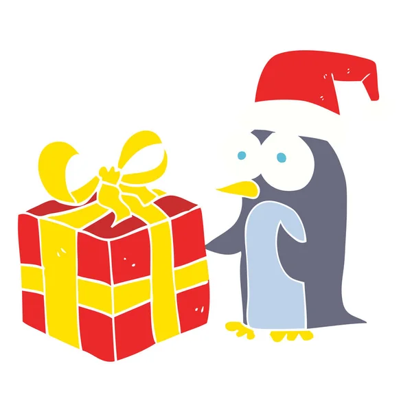 Flachfarbige Illustration Von Weihnachtspinguin Mit Geschenk — Stockvektor