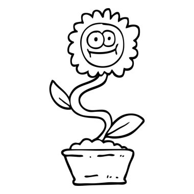 siyah beyaz çizgi film çiçek tencerede