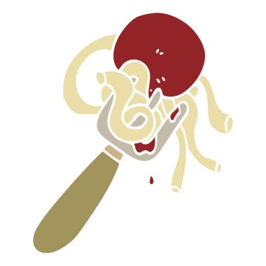 düz renk illüstrasyon karikatür spagetti ve köfte çatal üzerinde