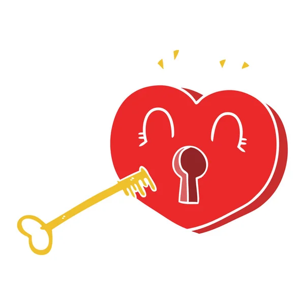 Plochý Barevný Styl Kreslených Srdce Klíčem — Stockový vektor