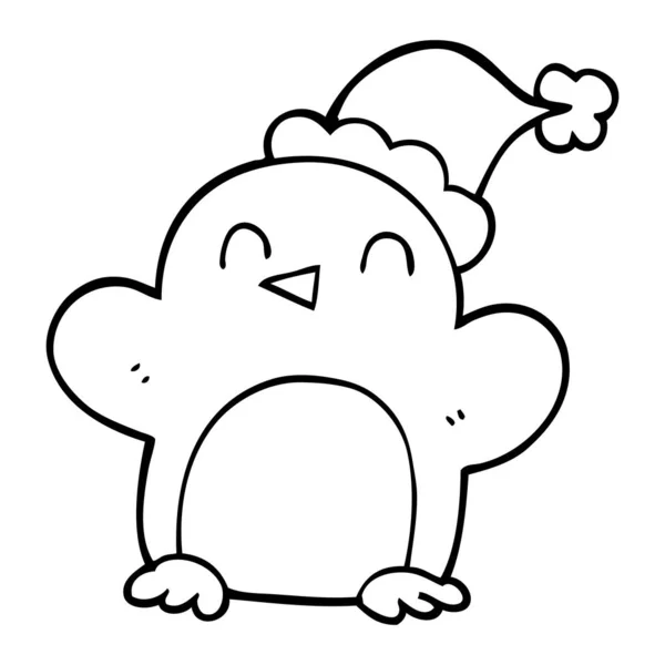 Line Drawing Cartoon Penguin Wearing Christmas Hat — Stock Vector