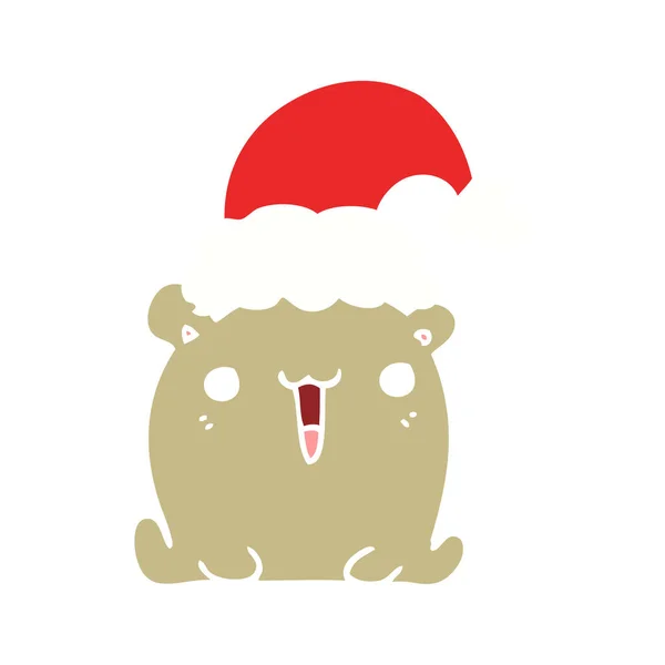 Bonito Plana Cor Estilo Cartoon Urso Com Chapéu Natal —  Vetores de Stock