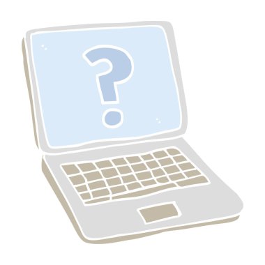 soru işareti ile dizüstü bilgisayar düz renkli çizimi