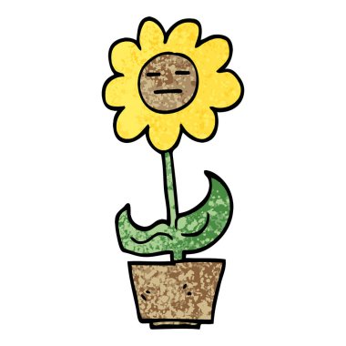 Grunge dokulu illüstrasyon karikatür çiçek tencerede