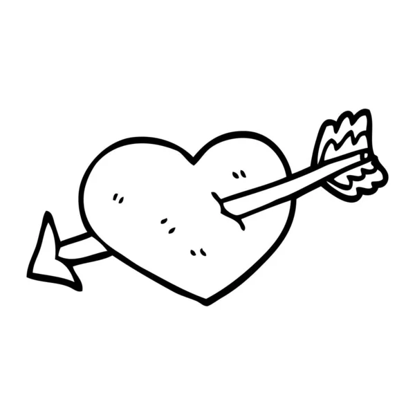 Linienzeichnung Cartoon Herz Mit Pfeil Durchgeschossen — Stockvektor