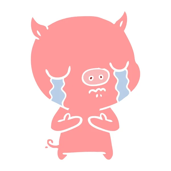 Flat Color Style Cartoon Pig Crying — Stock Vector