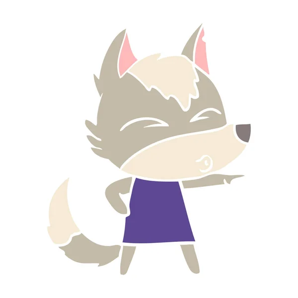 Flat Color Style Cartoon Wolf Girl Whistling Pointing — Stock Vector