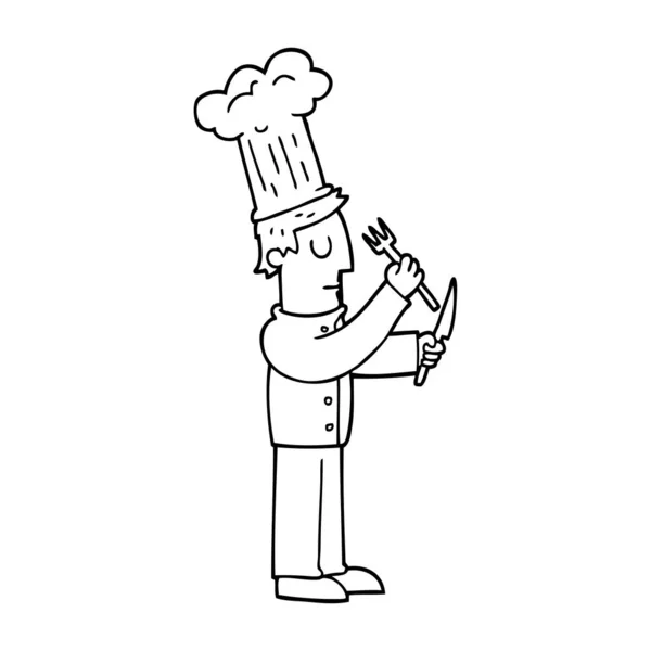 Línea Dibujo Dibujos Animados Chef Con Cuchillo Tenedor — Vector de stock