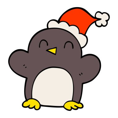 çizgi film doodle Noel şapka giymiş penguen