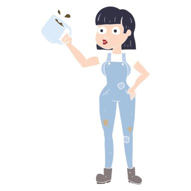 kadın işçi kahve kupa ile düz renkli çizimi