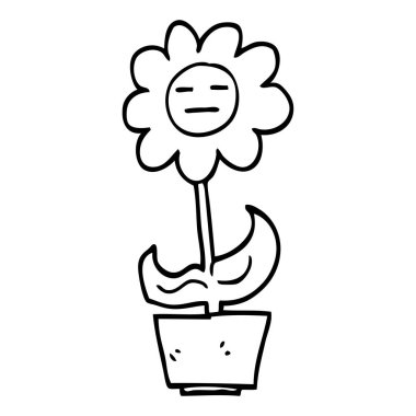 siyah beyaz çizgi film çiçek tencerede