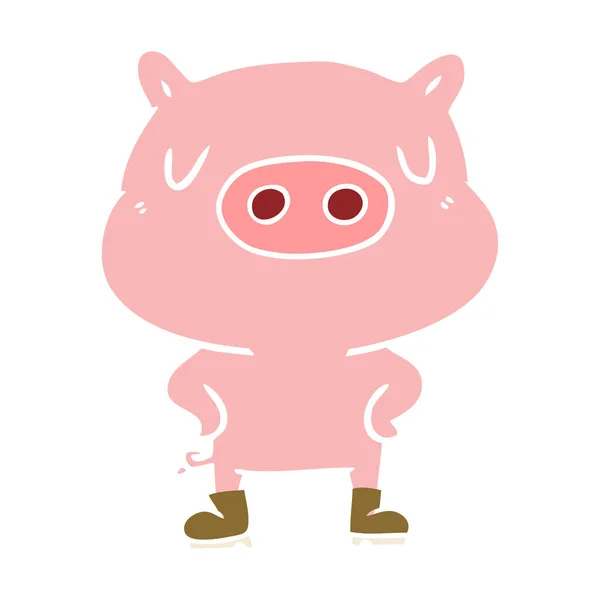 Plat Couleur Style Dessin Animé Cochon Portant Des Bottes — Image vectorielle