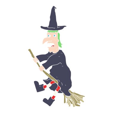 süpürge üzerinde uçan cadı düz renkli çizimi