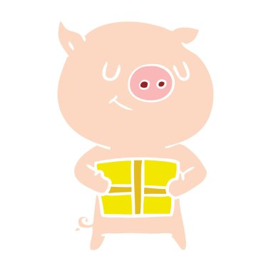 mutlu düz renk tarzı çizgi film domuz Noel hediyesi ile