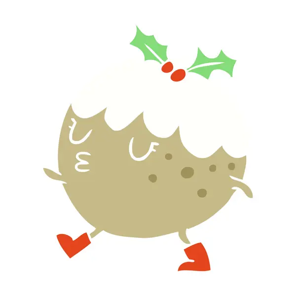 Pudín Navidad Dibujos Animados Estilo Color Plano Caminando — Vector de stock