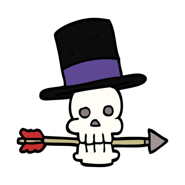 Calavera Garabato Dibujos Animados Con Sombrero Copa Flecha — Vector de stock