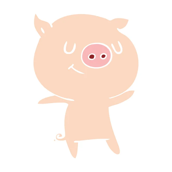 Szczęśliwy Płaski Kolor Stylu Cartoon Świnia — Wektor stockowy