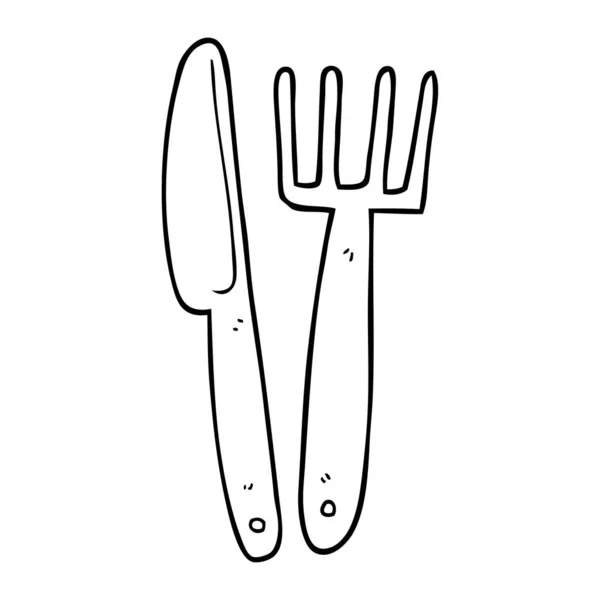 Línea Dibujo Dibujos Animados Cuchillo Tenedor — Vector de stock