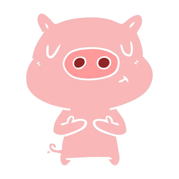 Flat Color Style Cartoon Content Pig — Stock Vector
