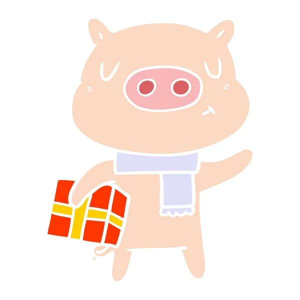 Color Plano Estilo Dibujos Animados Navidad Cerdo — Vector de stock