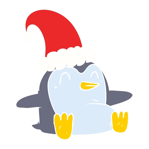 Egale Kleur Stijl Cartoon Pinguïn Met Kerst Hoed — Stockvector