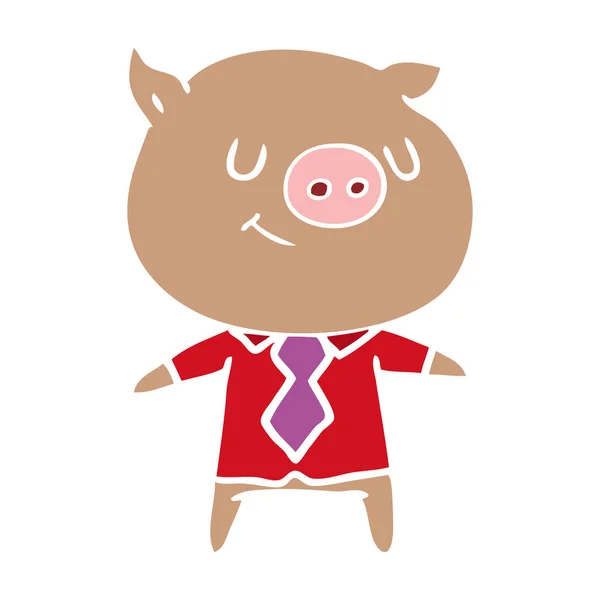 Heureux Plat Couleur Style Dessin Animé Cochon Intelligent — Image vectorielle