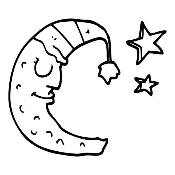Line Drawing Cartoon Moon Sleeping Cap — Stock Vector