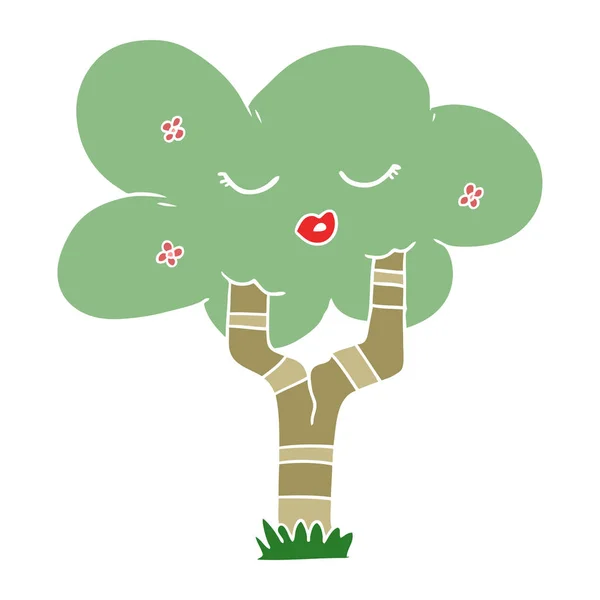 Platt Färg Stil Tecknad Träd Med Ansikte — Stock vektor