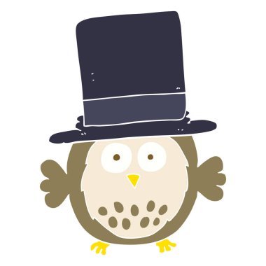 silindir şapka giyen baykuş düz renkli çizimi