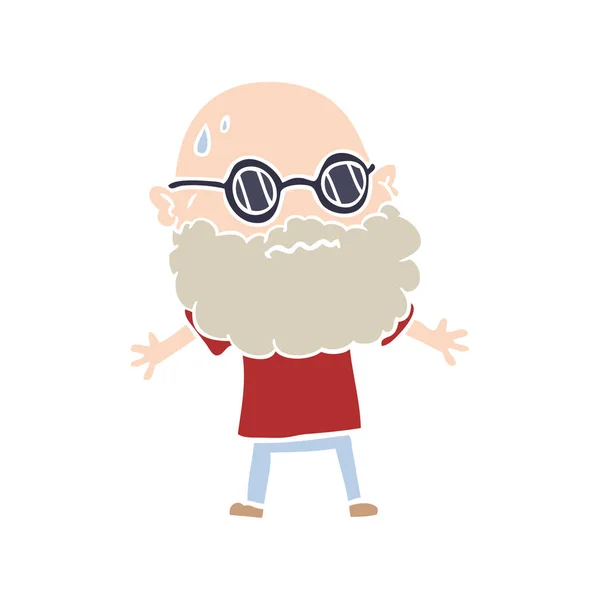 Desenho Animado Estilo Cor Plana Preocupado Homem Com Barba Óculos — Vetor de Stock