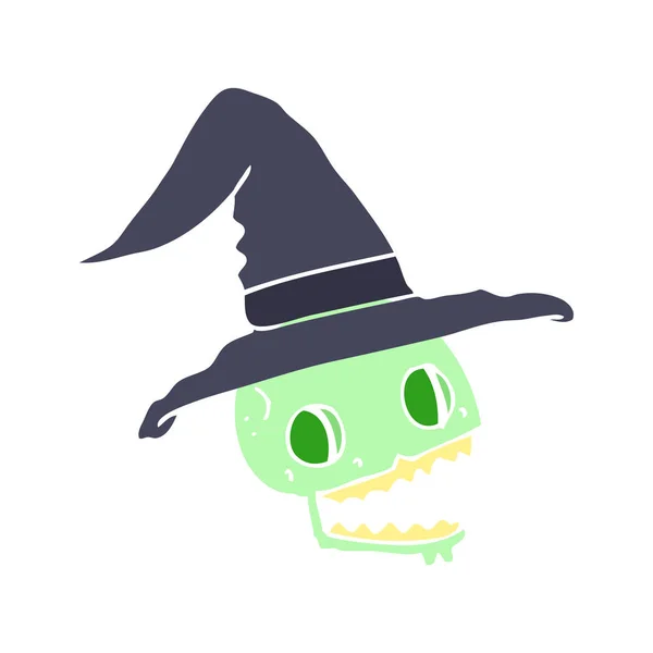 Flat Color Illustration Skull Wearing Witch Hat — Stock Vector