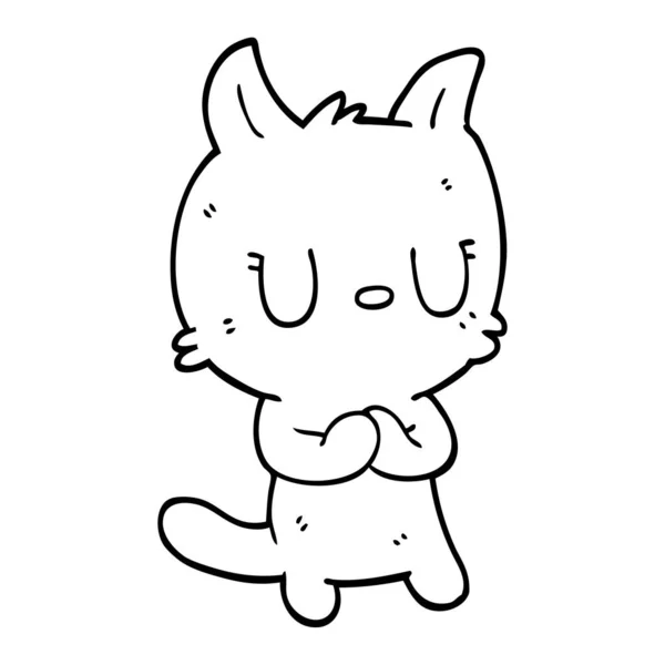 Line Drawing Cartoon Happy Cat — Stock Vector