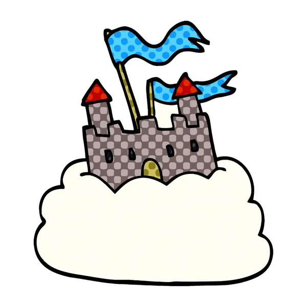 Cartone Animato Castello Scarabocchio Sulla Nuvola — Vettoriale Stock