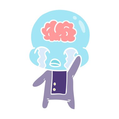 düz renk tarzı çizgi film büyük beyin uzaylı ağlıyor