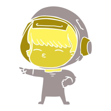 düz renk tarzı çizgi film meraklı astronot işaret