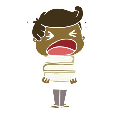 düz renk stil çizgi film adam kitap yığını ile bağırarak