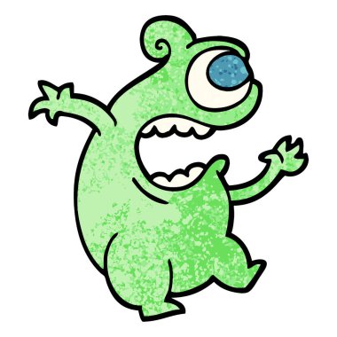 Grunge dokulu illüstrasyon karikatür yeşil uzaylı