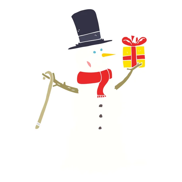 Плоска Кольорова Ілюстрація Сніговика Тримає Подарунок — стоковий вектор
