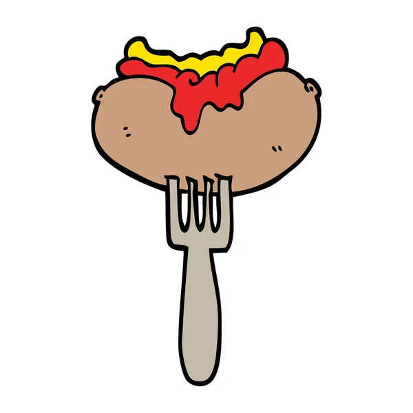 hand drawn doodle style cartoon hotdog with mustard and ketchup on fork