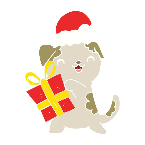 Cute Flat Color Style Cartoon Puppy Christmas Present Hat — Stock Vector