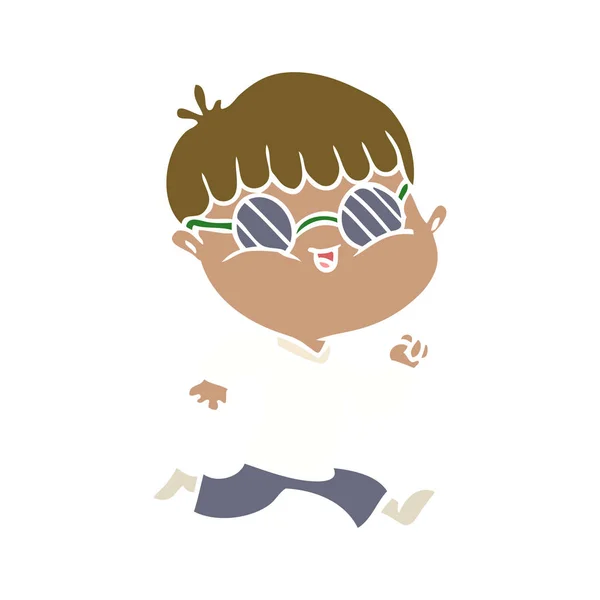 Flache Farbe Stil Cartoon Junge Trägt Sonnenbrille Und Läuft — Stockvektor